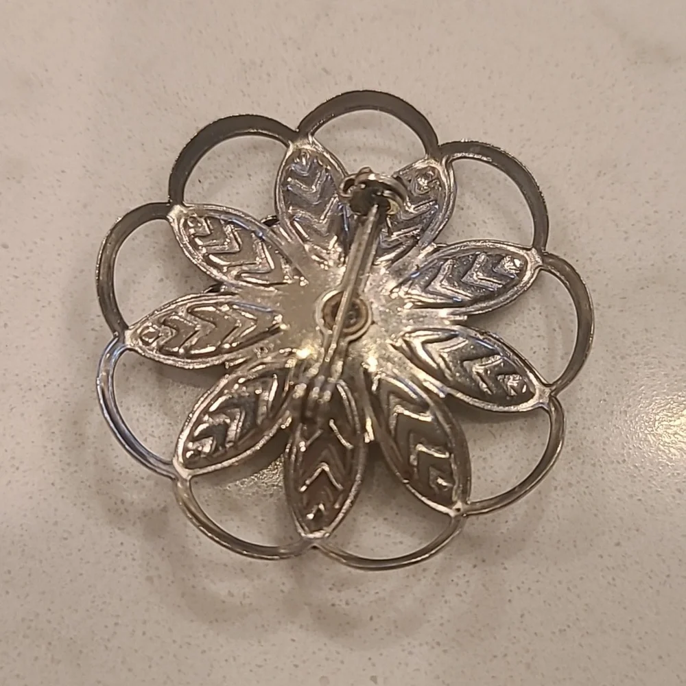 Vintage Silver Floral Brooch with Blue Gem
